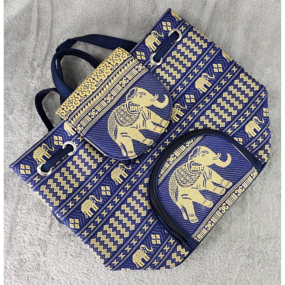 Thai Backpack Womens Blue Gold Indie Elephant Pattern Lightweight Drawstring
